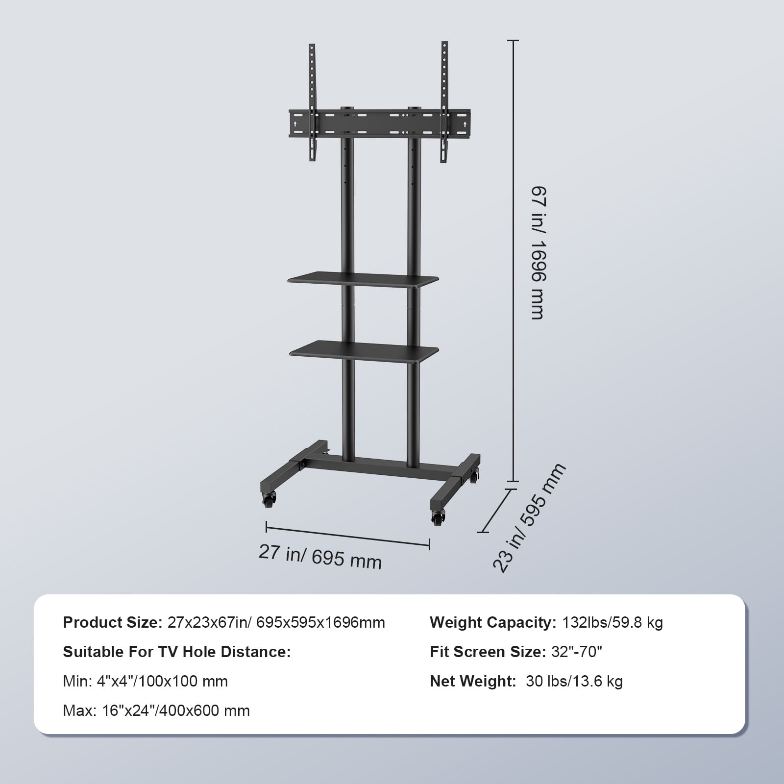 KFFKFF Mobile TV Stand Mobile TV Cart for 32"-70" TVs with Wheels & A Tray