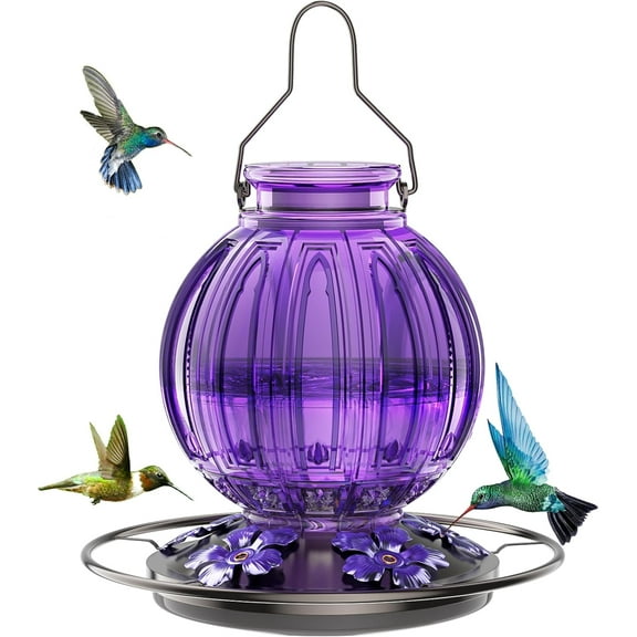 Glass Hummingbird Feeder for Outdoors Hanging, Bird Nectar Feeder with Perch & 5 Flower Feeding Ports, 26 Oz Leak Proof for Outside Garden Decor Backyard, Gifts for Women Mom, Purple