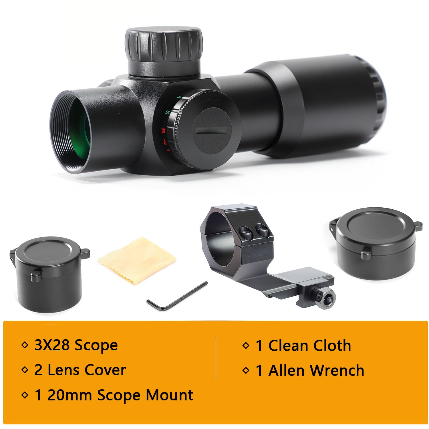 Rifle Scope 3X28, Compact Scope, for Crossbows and Rifles, with Red/Green Illuminated Reticle, Green Lens, Fast Focus Eyepiece, 30mm One-Piece Tube