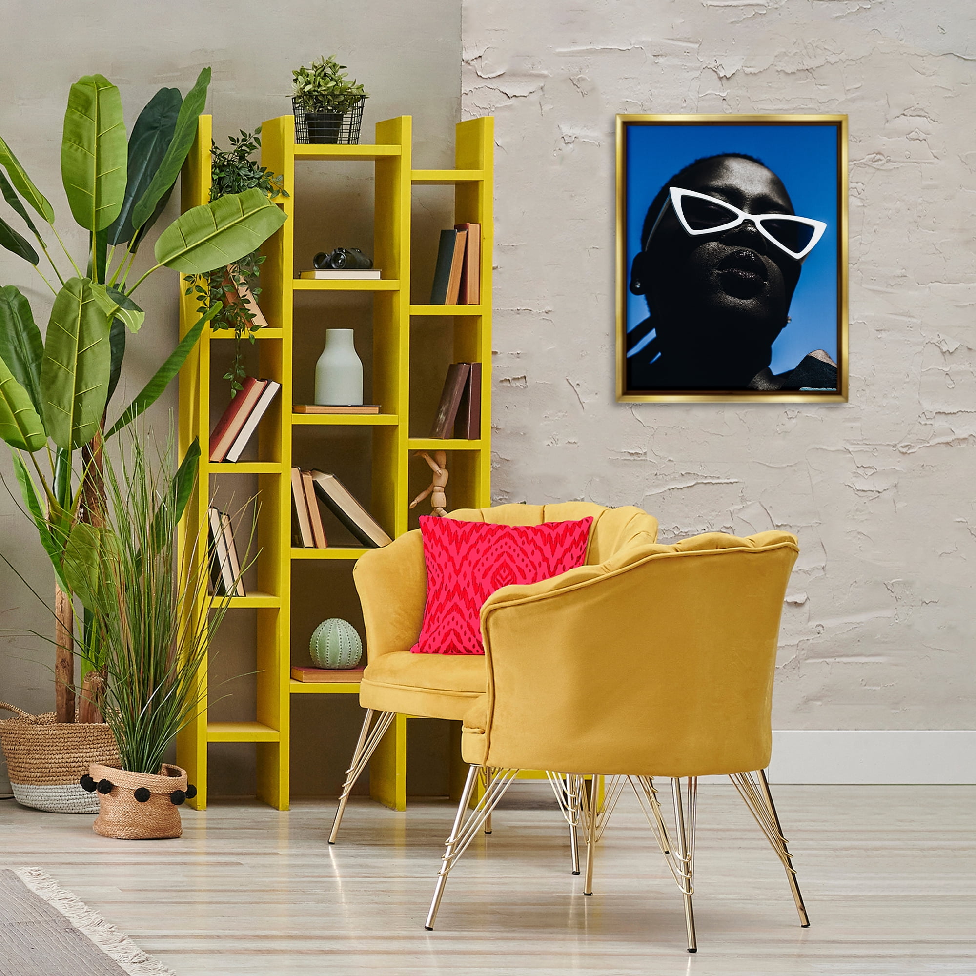 Stupell Industries Stylish Sunglasses on Blue People Photography Gold Floater Framed Canvas Art Print Wall Art, 17 x 21