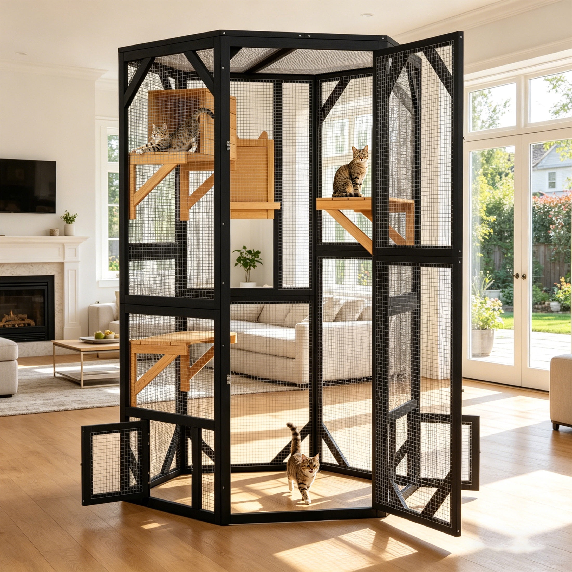 70" Catio Outdoor Cat Enclosure,Large Cat House Walk-in Cat Cage with Waterproof Cover for Multi Cats, Black with Yellow