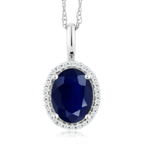 Gem Stone King 10K White Gold Blue Sapphire and Diamonds Halo Pendant Necklace for Women (1.79 Cttw, Oval 8X6MM, with 18 inch Chain)