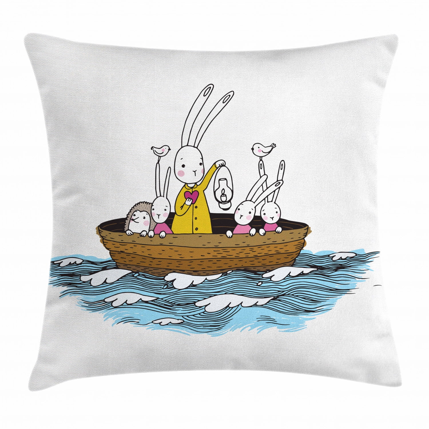 Kids Throw Pillow Cushion Cover, Cartoon Style Hare Family and a Hedgehog on a Sea Adventure Little Birds and Lantern, Decorative Square Accent Pillow Case, 20 X 20 Inches, Multicolor, by Ambesonne