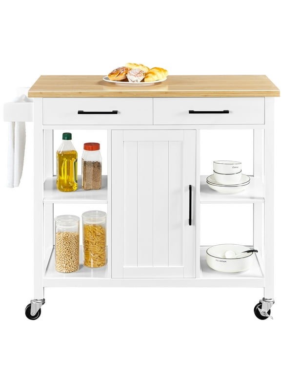 Easyfashion Mobile Kitchen Cart with Cabinet & Drawers, White
