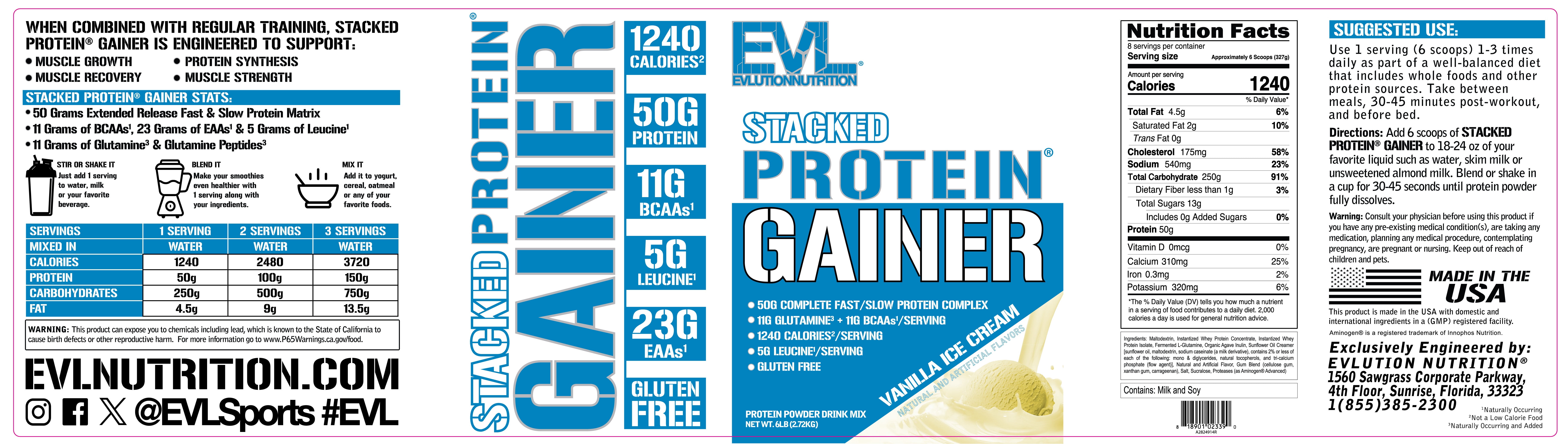 Evlution Nutrition Stacked Protein Gainer, 50 Grams Whey Protein Powder Complex, 250 Grams Carbohydrates, Build Muscle, Recovery, Post Workout, Gluten-Free - 6 lb