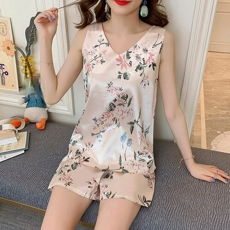 

PIKADINGNIS 2pcs Women Sleepwear for Summer Short Ice Silk Vest Pajamas Sets Girl Print Pyjama Set Women Nightshirt Sets Sexy Home Wear