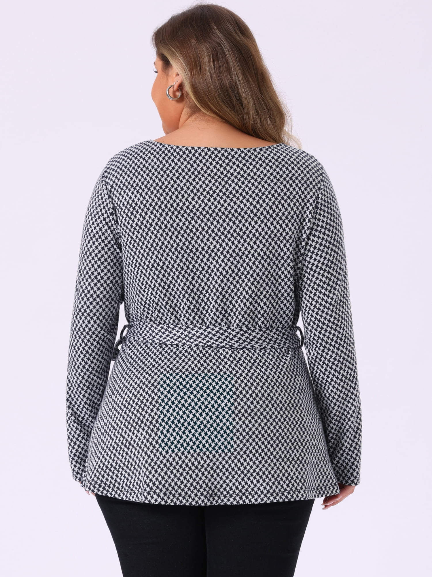 DARING DIVA Women's Plus Size Belted Tie Houndstooth Blouse Tunic 4X Dark Blue