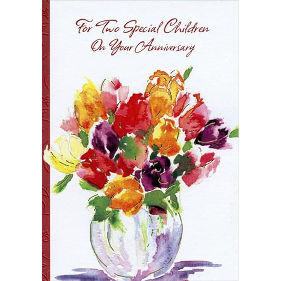 Designer Greetings Red, Orange, Purple and Yellow Flowers in Glass Vase Wedding Anniversary Congratulations Card for Children