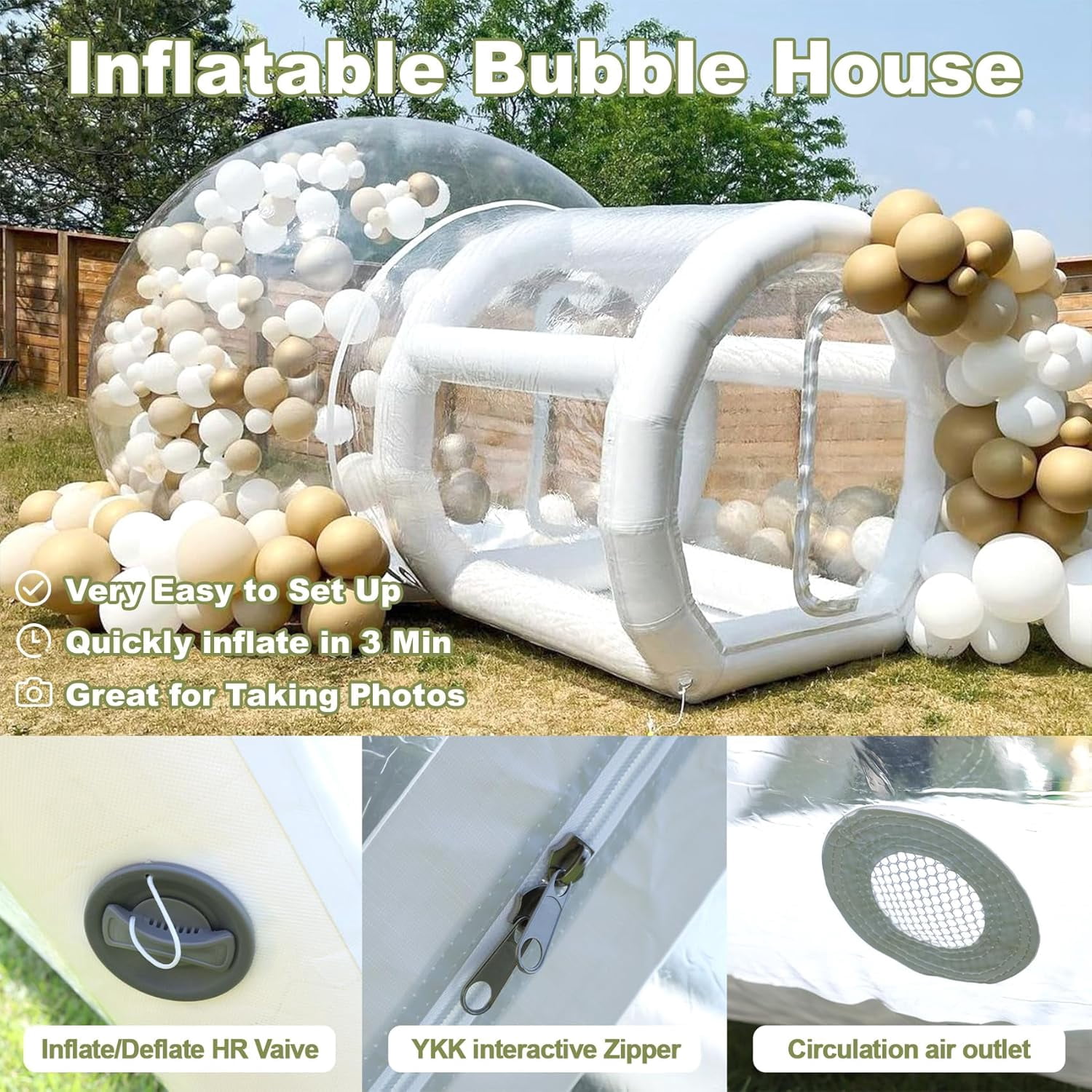 OFFMUST 10ft Inflatable Bubble House Tent with Blower & Air Pump, Hybrid PVC & TPU Crystal Clear Dome for Balloons, 360° Panoramic View Inflatable Tent for Weddings, Gender Reveals & Photography