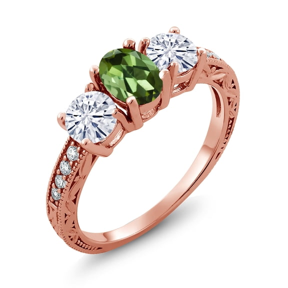Gem Stone King 18K Rose Gold Plated Silver 3-Stone Ring Tourmaline Moissanite(1.82 Cttw) (Size 7)