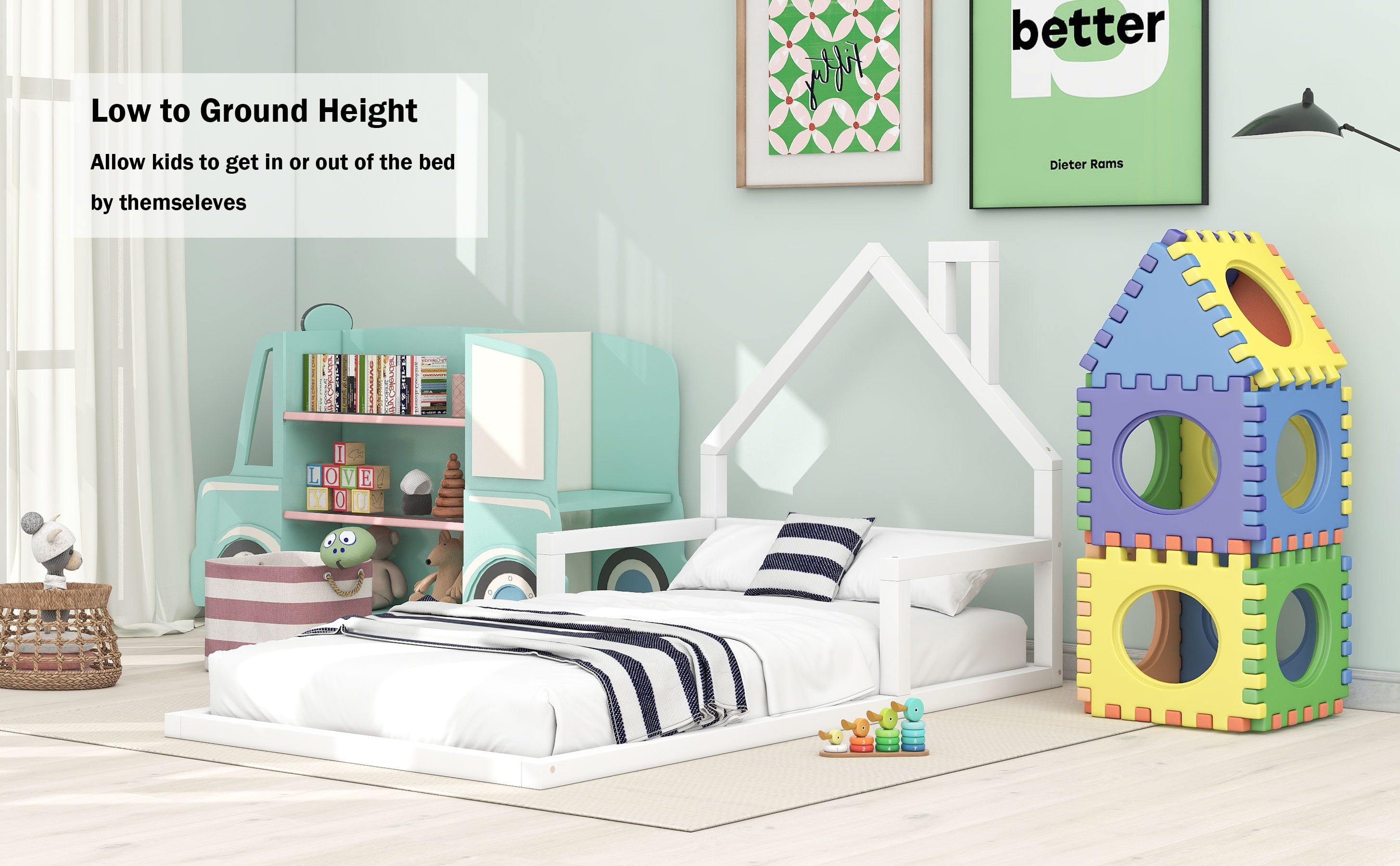 Bellemave Twin Size Wood Floor Bed with House-shaped Headboard  Montessori Floor Bed with Rails and Wooden Slats, No Box Spring Needed, White