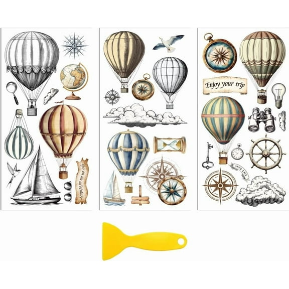 1 Set Rub on Transfer Decal Sticker for Furniture Craft Decor 6"x12" Vintage Hot Air Balloon and Compass 3Pcs Waterproof UV DTF Transfer for Drawer Dresser Glass Porcelain Wood Plastic Window