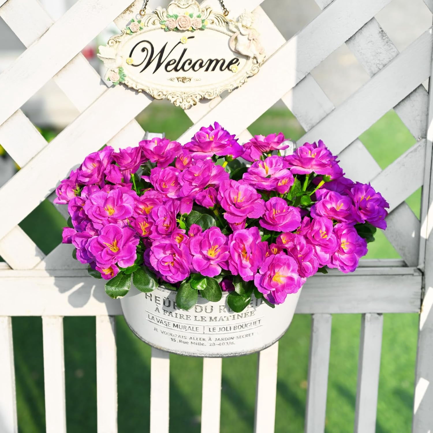Yastouay 8 Large Bundles Artificial Camelia Flowers for Outdoors, UV Resistant Fake Flowers for Planter, Purple Outdoor Faux Plants for Garden Balcony Yard Porch