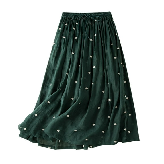 MIXUE Women Skirts Pleated Retro Polka Dots Print Elastic Waistbband Cotton Linen Hem Vacation A-Line Long Skirts