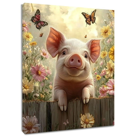 Pig Wall Art Cute Funny Pig Canvas Wall Art Colorful Flowers Butterfly Nature Pictures Posters Modern Framed Artwork Living Room Bathroom Bedroom Office Wall Art Decor,12x16 Inches