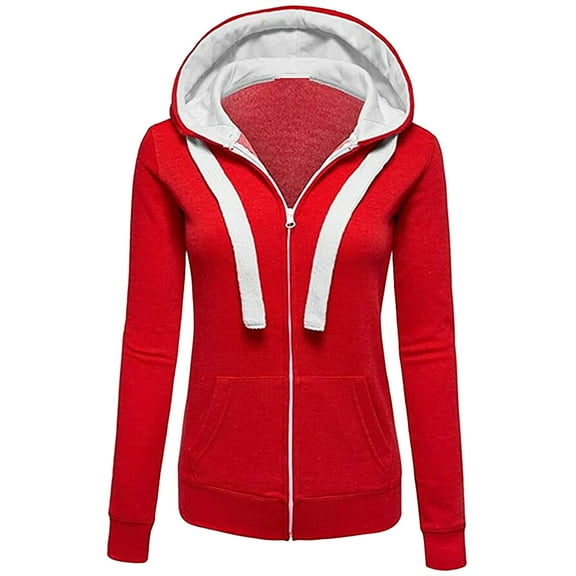Odeerbi Clearance Jackets For Women Long Sleeve Patchwork Solid Color Hooded Zipper Casual Sport Coat, Red
