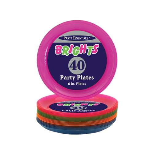 6" Plastic Party Plates Assorted Neon Colors 40 Count