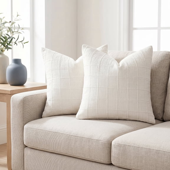 Pack of 2 Linen Grid Pattern Decorative Throw Pillow Covers 18x18 Inch with Splicing Detail, Broadside Design for Couch Cushion Living Room, White