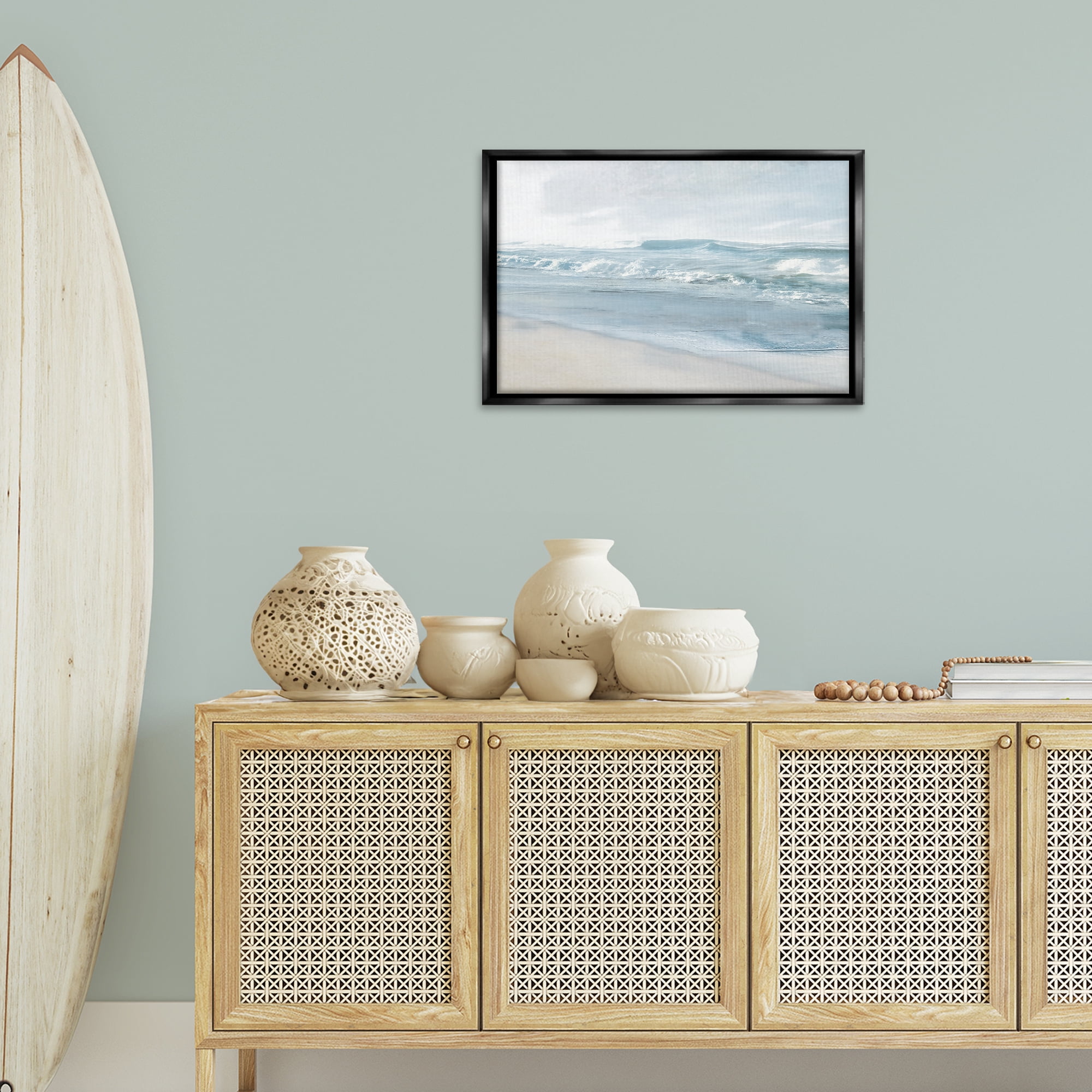 Stupell Industries Calm Blue Beach Waves Nautical & Beach Painting Black Floater Framed Canvas Art Print Wall Art, 25 x 17