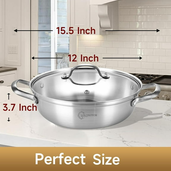 12 Inch Tri-Ply Stainless Steel Sauté Pan with Lid, 4 QT Hot Pot, Induction Cooking Pan, Dishwasher and Oven Safe