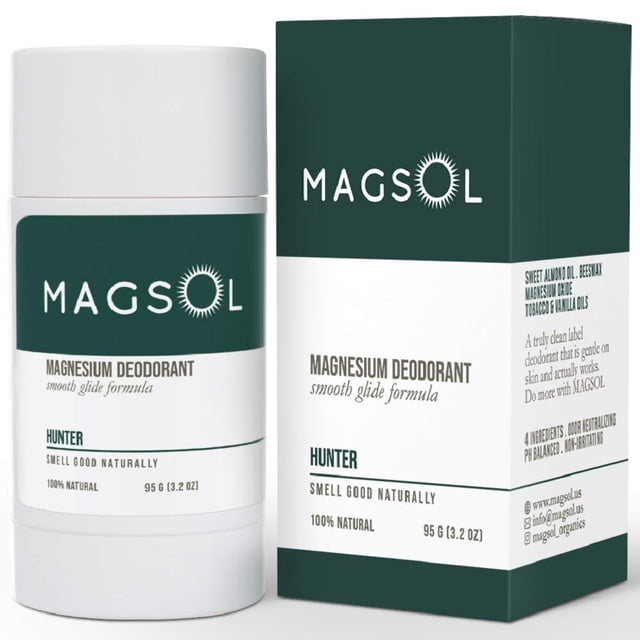 magsol desodorante natural para hombres - desodorante sin aluminio para hombres sin bicarbonato de sodio 3.2 oz (hunter) stick blanco con etiqueta verde oscuro MAGSOL y texto 'MAGNESIUM DEODORANT' y 'HUNTER', acompañado de su caja verde oscuro y blanca a la derecha con información del producto y tamaño 95 g (3.2 oz).