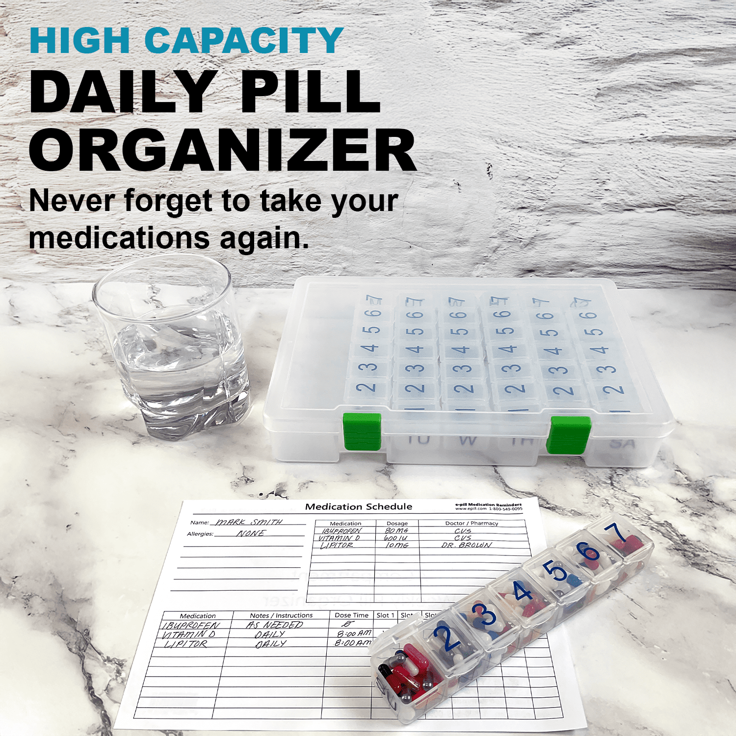 e-Pill 7 Times a Day x 7 Day Clear Weekly Pill Organizer Set with Clear Case