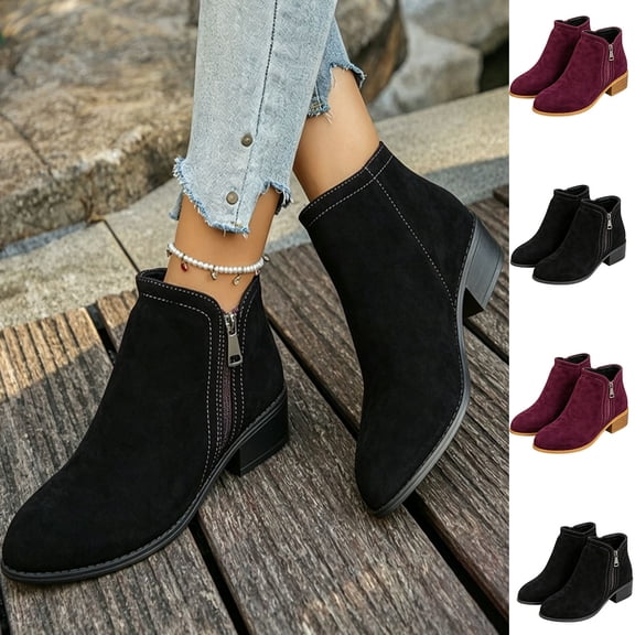 FRSASU Women's Ankle Boots Side Zipper Low Block Heel Short Booties Classic Round Toe Casual Boots for Daily Walking Wine