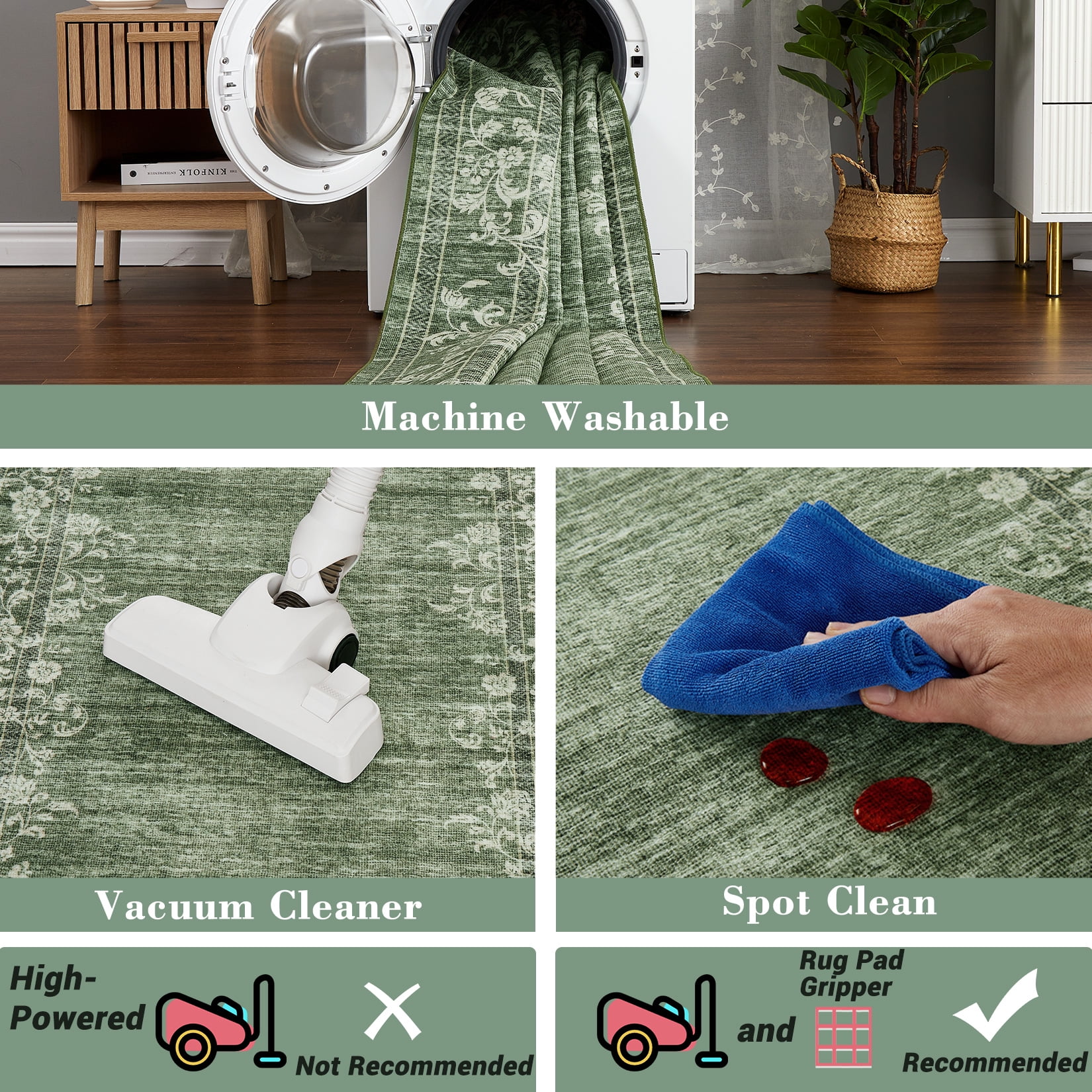 CAROMIO 2' x 6' Green Runner for Enterway Kitchen Geometric Border Floral Pattern Non-slip Indoor Mat