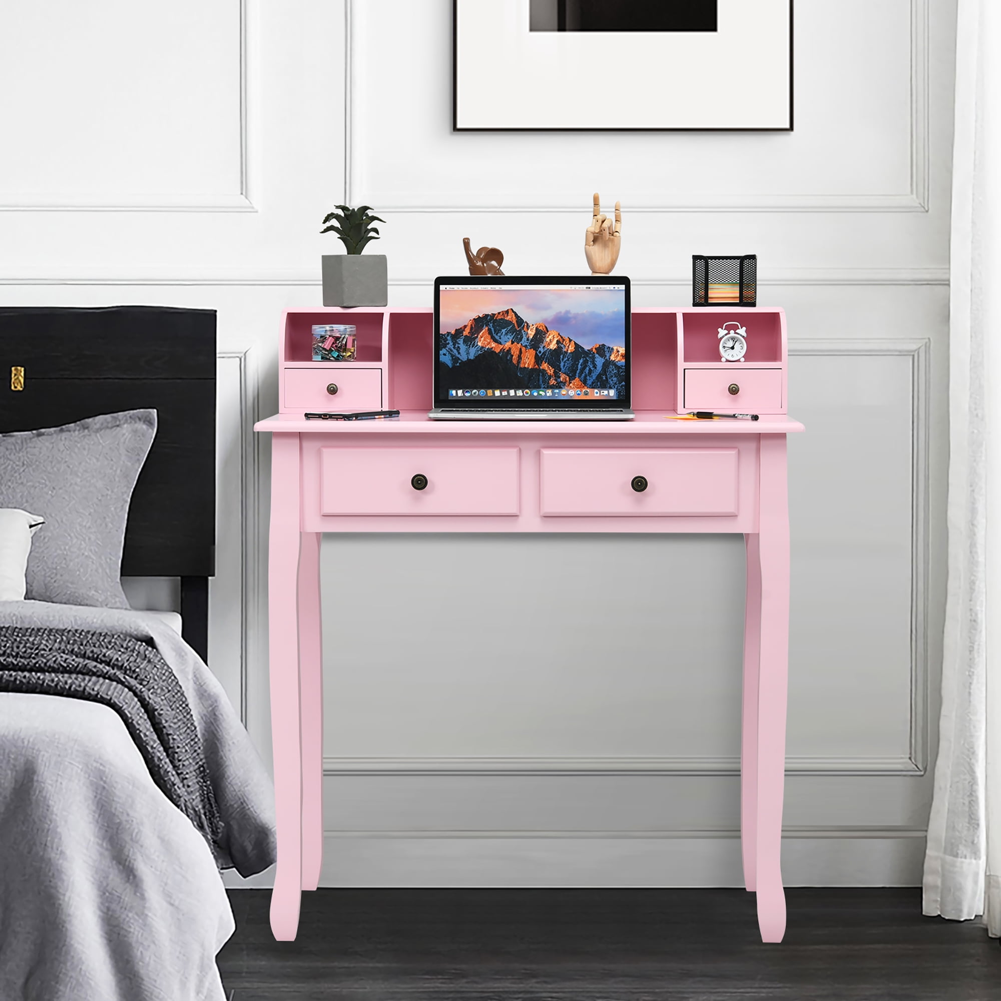 Costway Writing Desk Makeup Vanity Table Home Office Computer Desk 4 Drawer Pink
