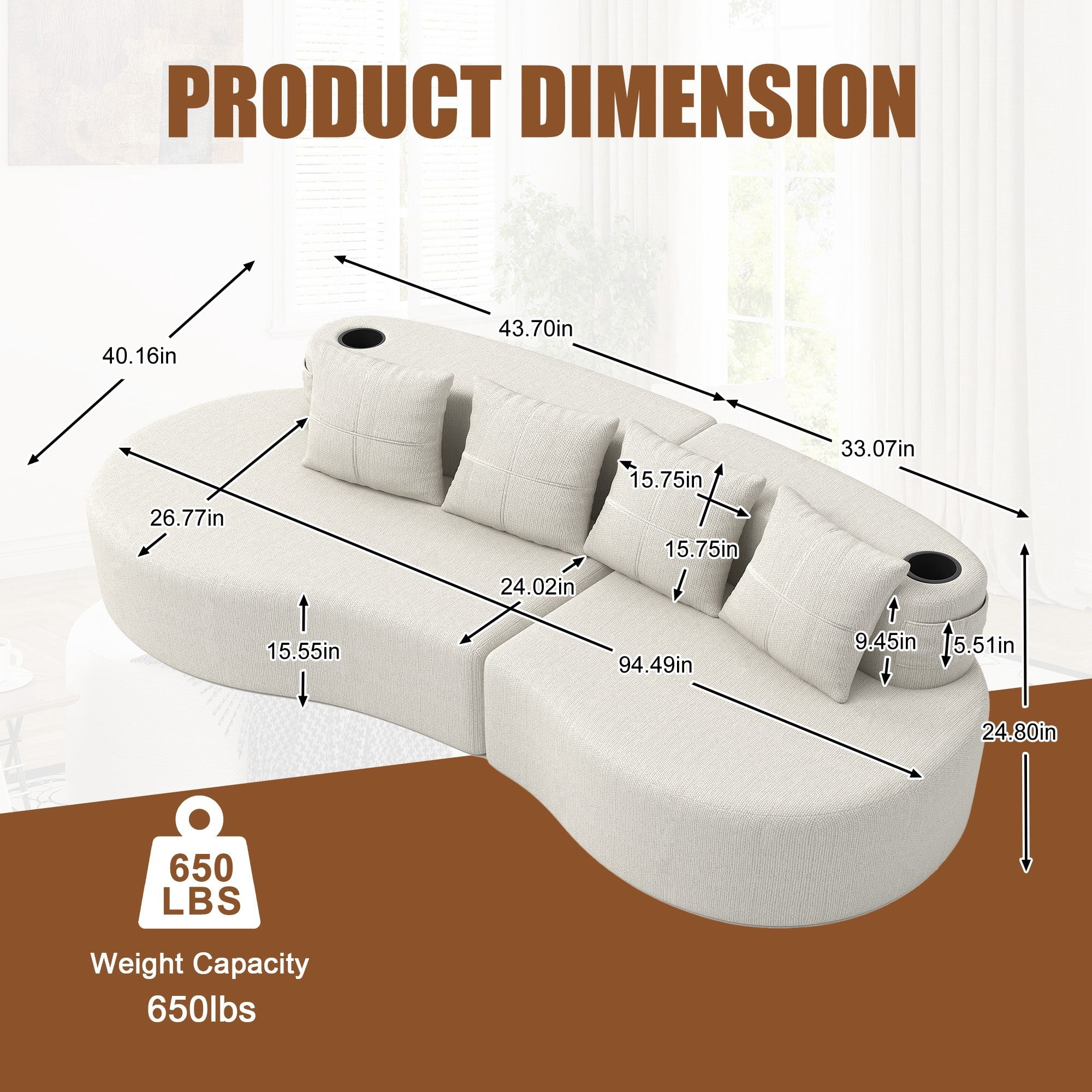 Sailvan Modern Curved Sectional 3 Seat Sofa,Minimalist Half Moon Modular Couch for Living Room,Office and Apartment,Soft Chenille Fabric Beige