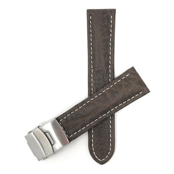 24mm Leather Watch Strap Band Deployment Clasp Buckle and White Stitching