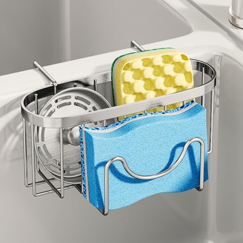 Sponge Holder for Kitchen Sink - Movable Kitchen Caddy with M Shape Hook,Stainless Steel Hanging Sponge Caddy for Sponges,Brush,Stopper Organizer in Double Bowl Sink,Silver