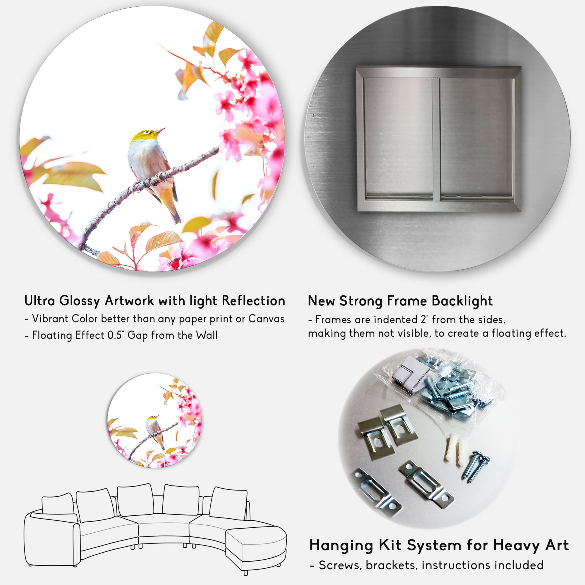 Designart 'Bird Sitting On Cherry Blossom' Traditional Circle Metal Wall Art 29x29 - Disc of 29