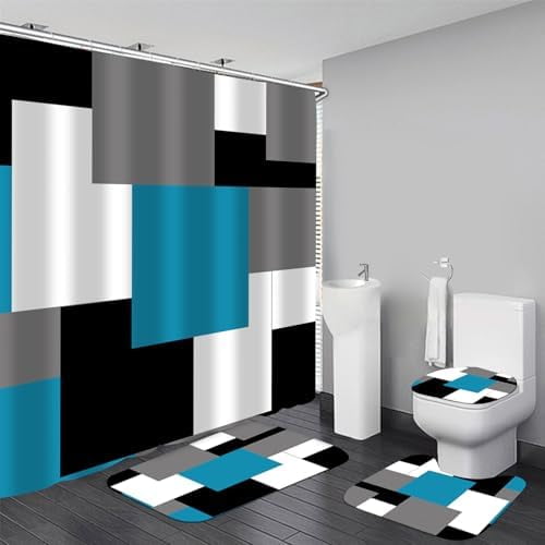 Geometric Blue Bathroom Shower Curtain Sets with Non-Slip Rugs,Toilet Lid Cover and Bath Mat, Black and Gray Bathroom Decor Set Accessories Waterproof Shower Curtains