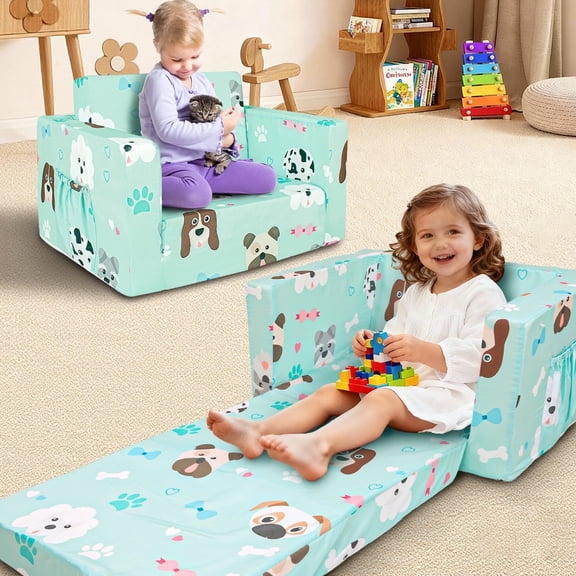 Beavtaens Toddler Sofa, 2-in-1 Flip Open Toddler Couch, with Side Pocket, for Ages 18 Months  (Puppies)