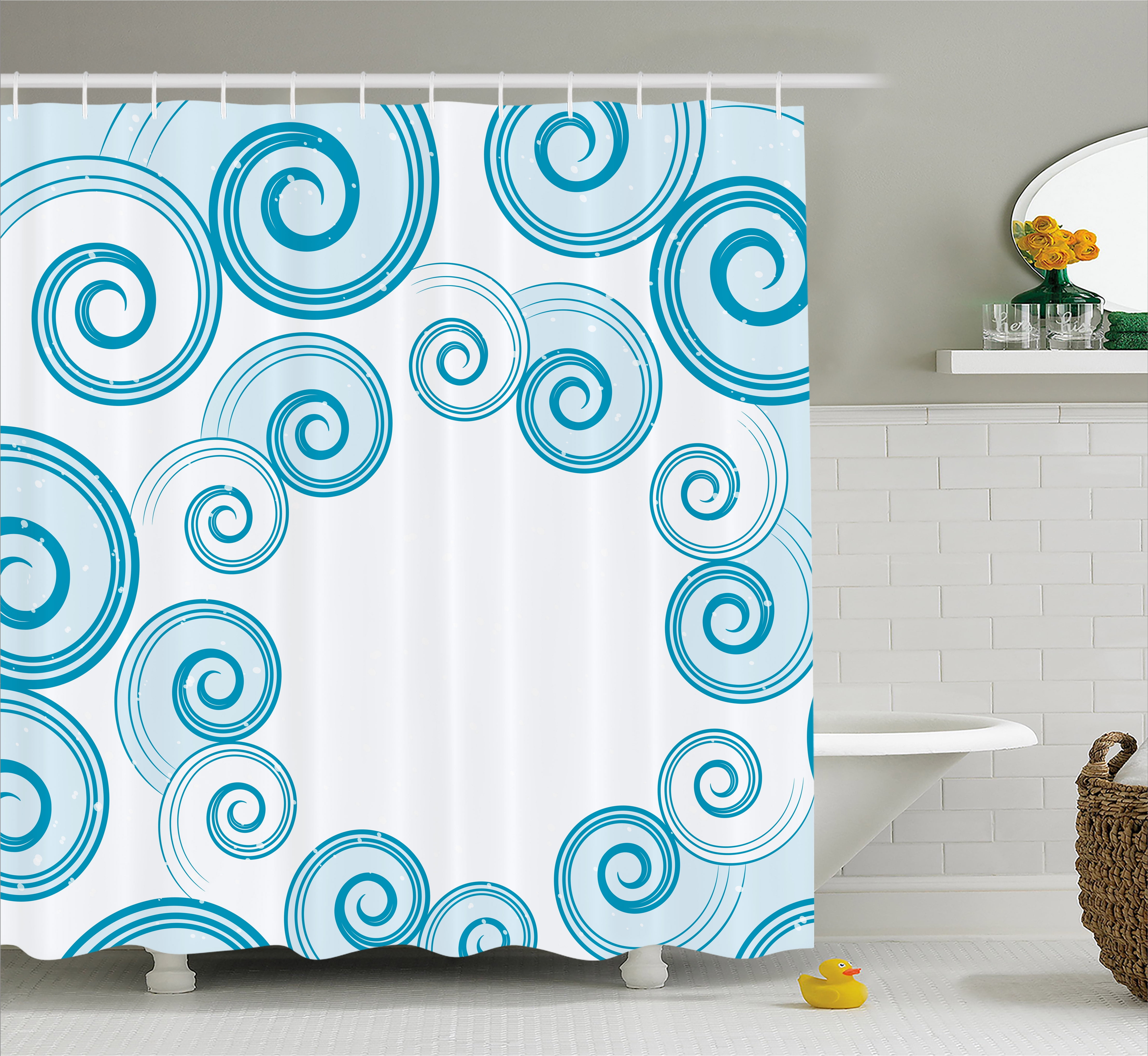 Teal and White Shower Curtain, Ocean Waves Inspired Design with Abstract Blue Swirls Water Sea