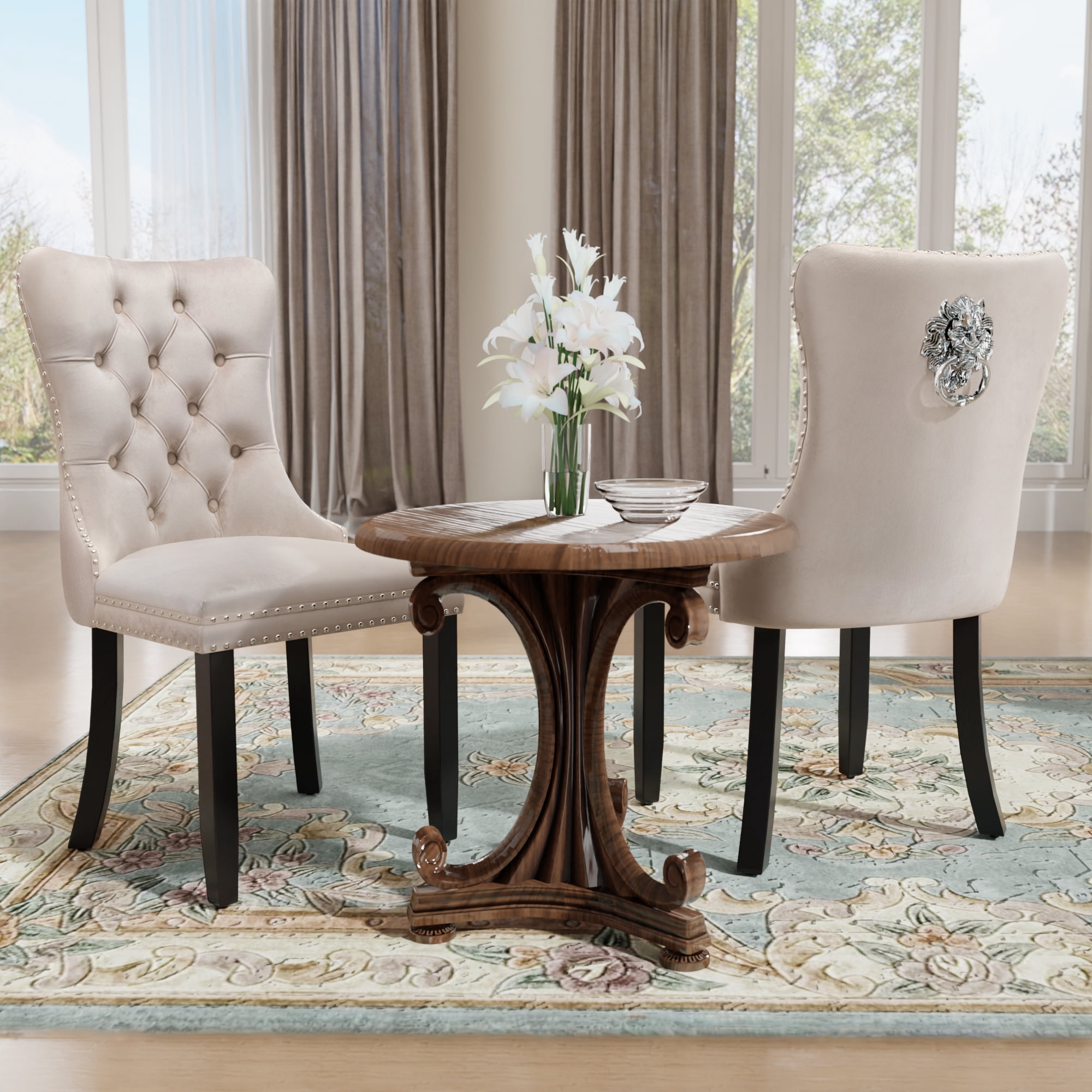 DONICK Velvet Upholstered Dining Chairs , Kitchen & Dining Room Chairs, Nailheads Tufted, Soft, Solid Wood Frame (Beige, Set of 6)