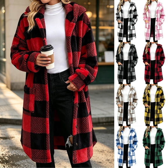 ibuvkizy Womens Buffalo Plaid Fuzzy Long Fleece Coat,Lapel Collar Button Up Teddy Sherpa Warm Oversized Winter Hooded Outer Jacket with Pockets,L