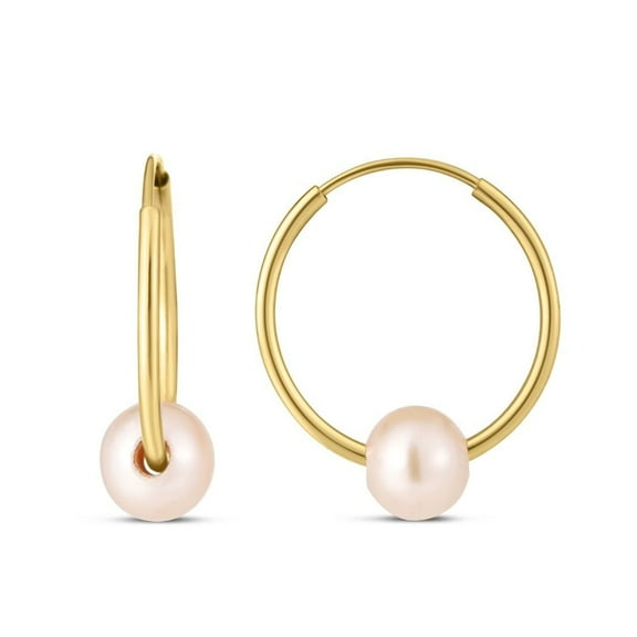 JewelStop 14K Yellow Gold 5-6mm Freshwater Pearl Round Hoop Earring with Polished Finish and Endless Closure