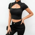 thumbnail image 2 of xiaxaixu T-shirts d'Été à Manches Courtes pour Femmes Col Montant Noir Crop Tops, 2 of 9