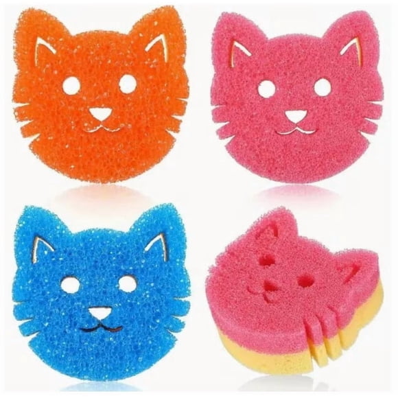 Incluye 4 esponjas de limpieza de doble cara al azar con superficies sensibles a la temperatura, aptas for lavavajillas y no rayan, diseño de cara de gato multicolor.