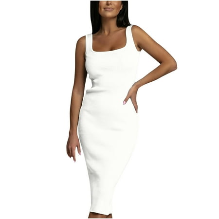 Ganfancp Mini Dresses for Women Casual Body Con Dress Women s Dresses Summer Going Out Dresses Sleeveless Plain U-Neck Buttocks Slimming Dresses St22037 U-Neck Bag Hip Pit Strip Slim Dress White34623