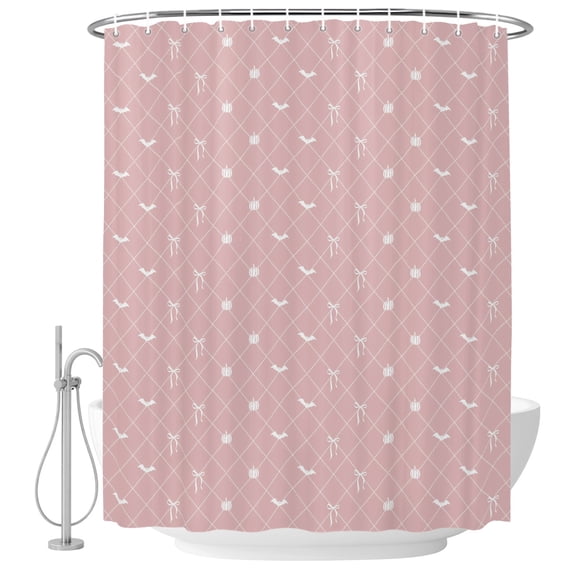 72x78 Inch Shower Curtain Pink Halloween Bathroom Decor, Waterproof Fabric Bathtub Bath Curtains Decorative Checkered Bat Bow Extra Long Shower Curtain Set with Hooks