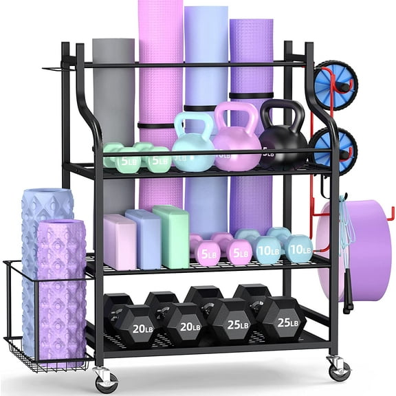 Mythinglogic Yoga Mat Storage Racks,Home Gym Storage Rack for Dumbbells Kettlebells Foam Roller, Yoga Strap and Resistance Bands, Workout Equipment Storage Organizer With Hooks and Wheels