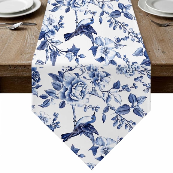 White Blue Spring Floral Table Runner Linen Burlap Table Runner 36 Inches Small Summer Botanical Hummingbird Dresser Scarves for Kitchen Island Coffee Dining Party Wedding Holiday Decor 13"x36"