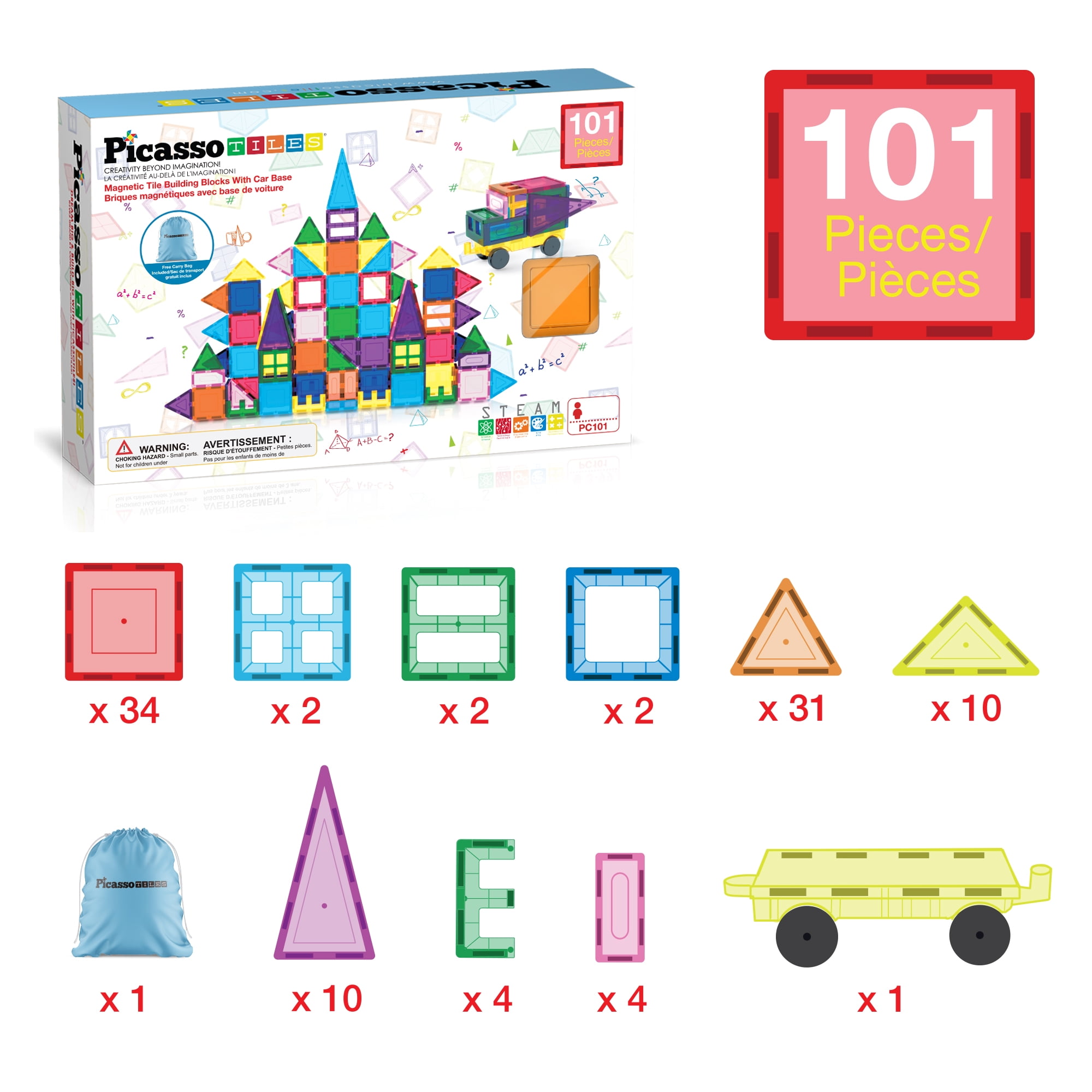 PicassoTiles Magnetic Tiles for Kids with Tote Bag – 101PCS STEM Building Blocks Set, Educational Construction Toy, Creative Learning Magnet Kit