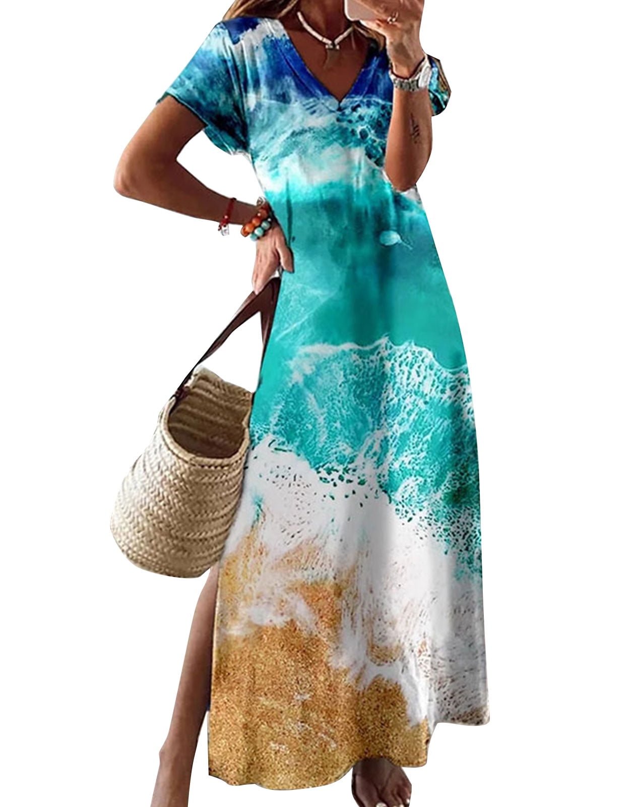 Alsol Lamesa V Neck Summer Dress for Women Oversized Short Sleeve ...