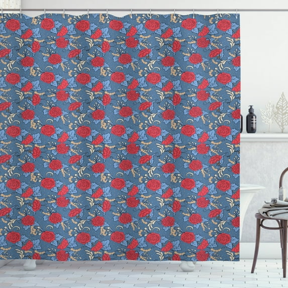 Retro Shower Curtain, Classic Rose Blooms Revival Bridal Old Fashioned Botanical Damask Inspired, Fabric Bathroom Set with Hooks, 69W X 70L Inches, Ruby Tan Violet Blue, by Ambesonne