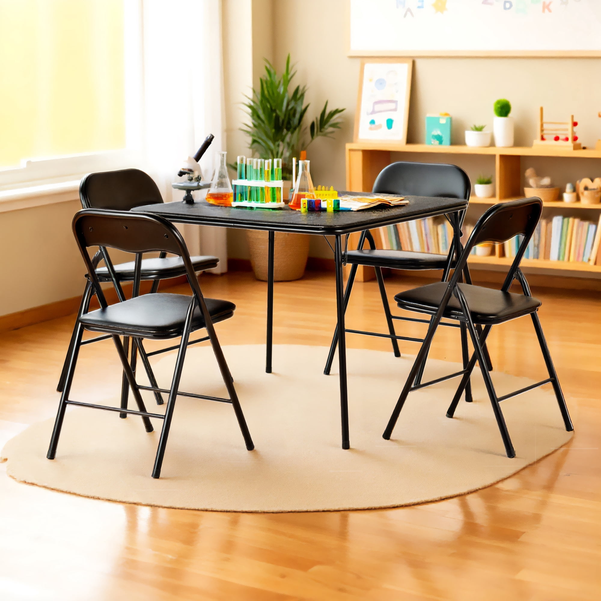 Homy Casa 5-Piece Folding Table and Chairs Set, 33.9in Dining Table with 4 Metal Chairs, Black