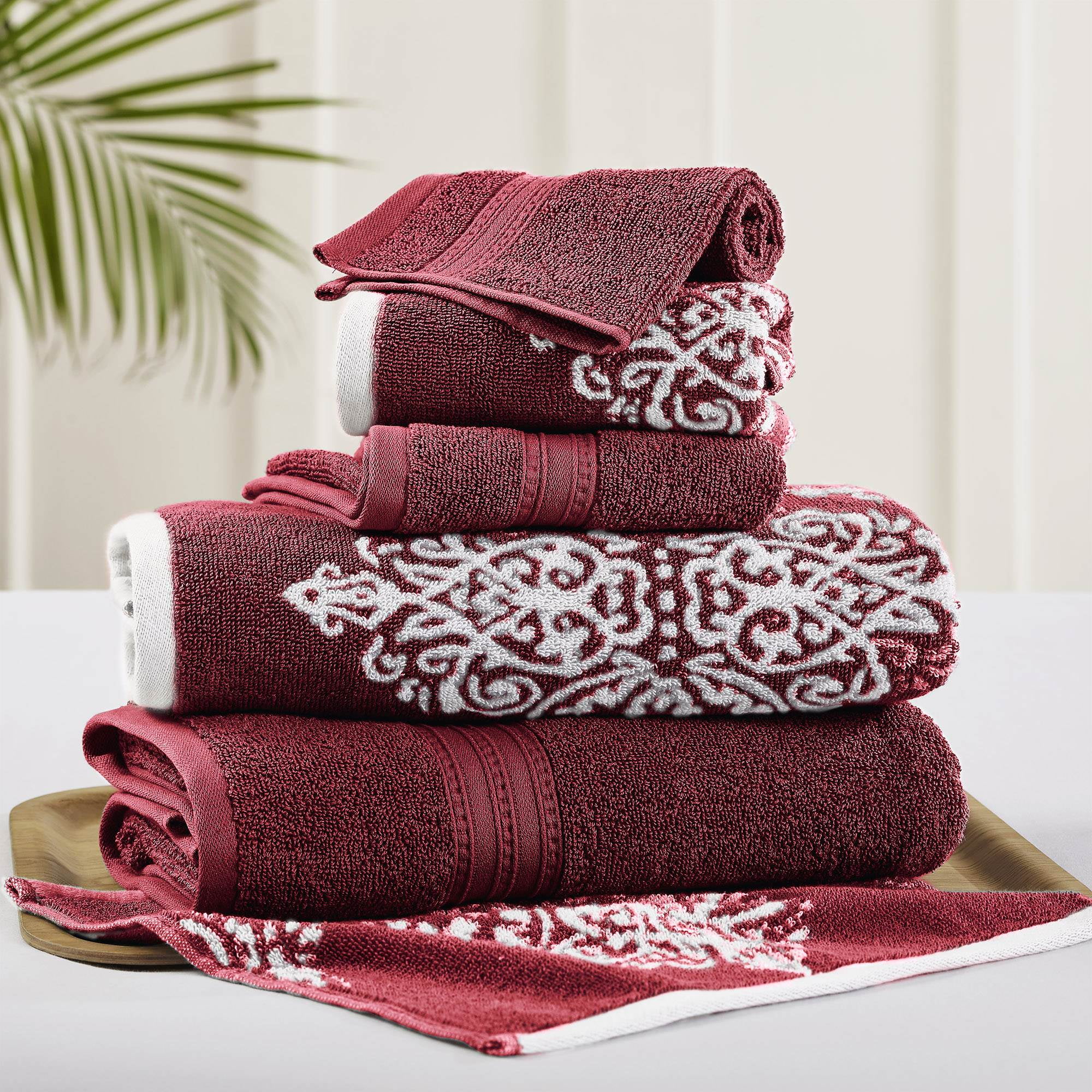 6 Piece Reversible Yarn Dyed Jacquard Towel Set, Artesia Damask, Red